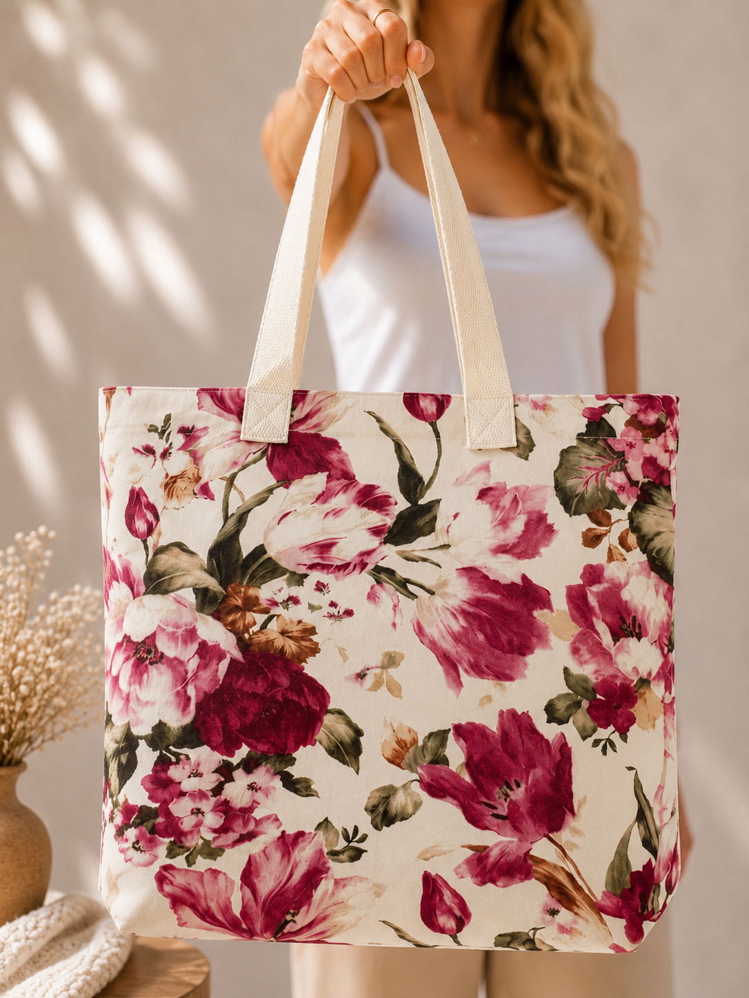 Burgundy Floral Cotton Tote Bag – Vintage Garden Everyday Tote