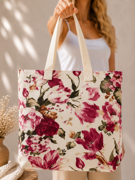 Burgundy Floral Cotton Tote Bag – Vintage Garden Everyday Tote