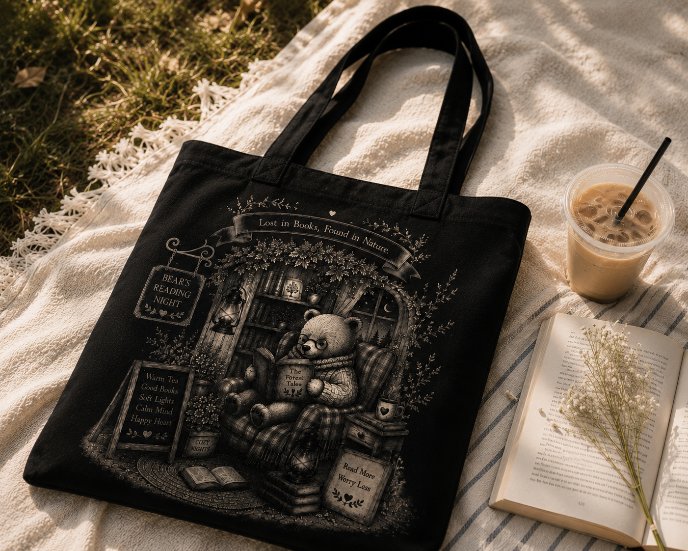 Lost in Books Found in Nature Canvas Tote Bag | Cozy Reading Bear Tote | Book Lover Gift