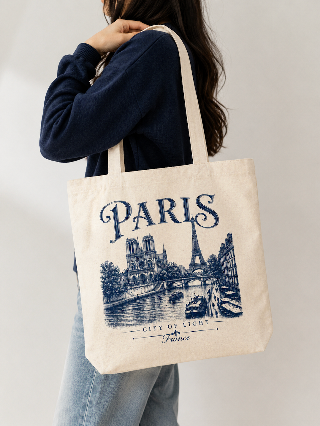 Paris Canvas Tote Bag – Vintage Paris City of Light Graphic Cotton Tote | Eiffel Tower & Notre-Dame Travel Bag