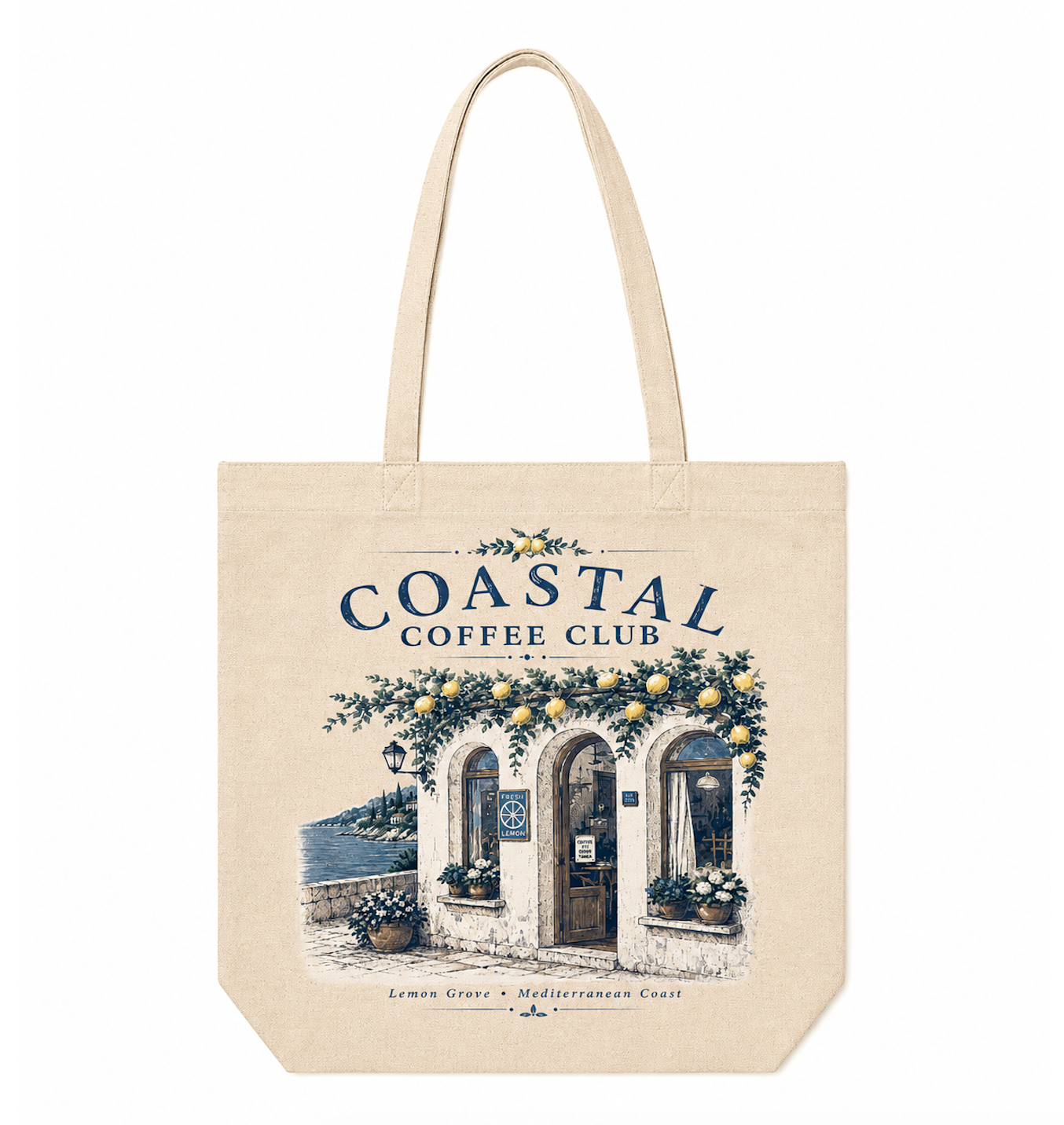 Coastal Coffee Club Canvas Tote Bag | Mediterranean Cafe Cotton Tote | Lemon Grove Market Bag | Reusable Everyday Shoulder Bag