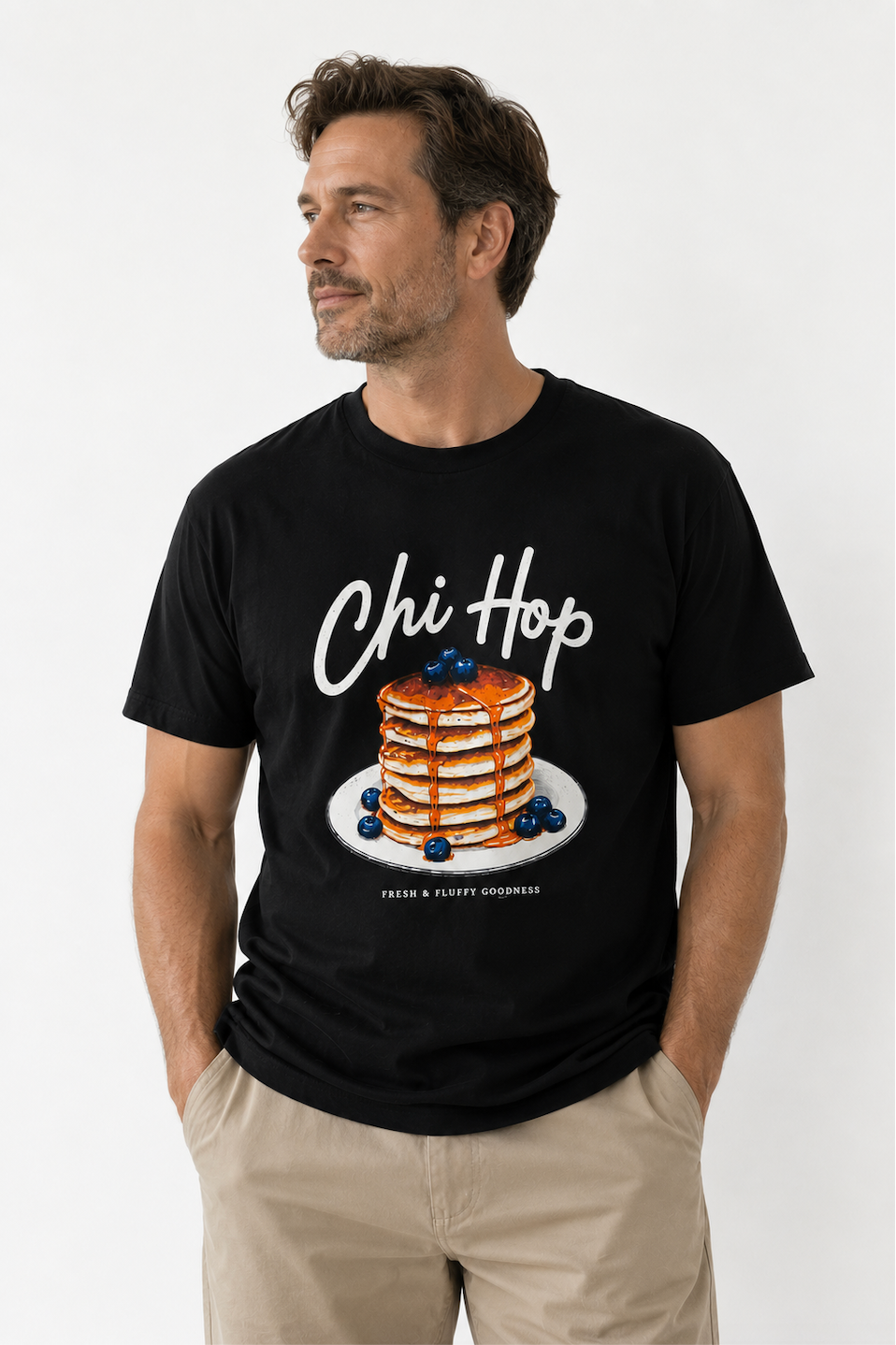 Vintage Pancake Graphic T-Shirt | Chi Hop Blueberry Pancakes Breakfast Tee | Funny Brunch Food Lover Gift | Unisex Cotton Shirt