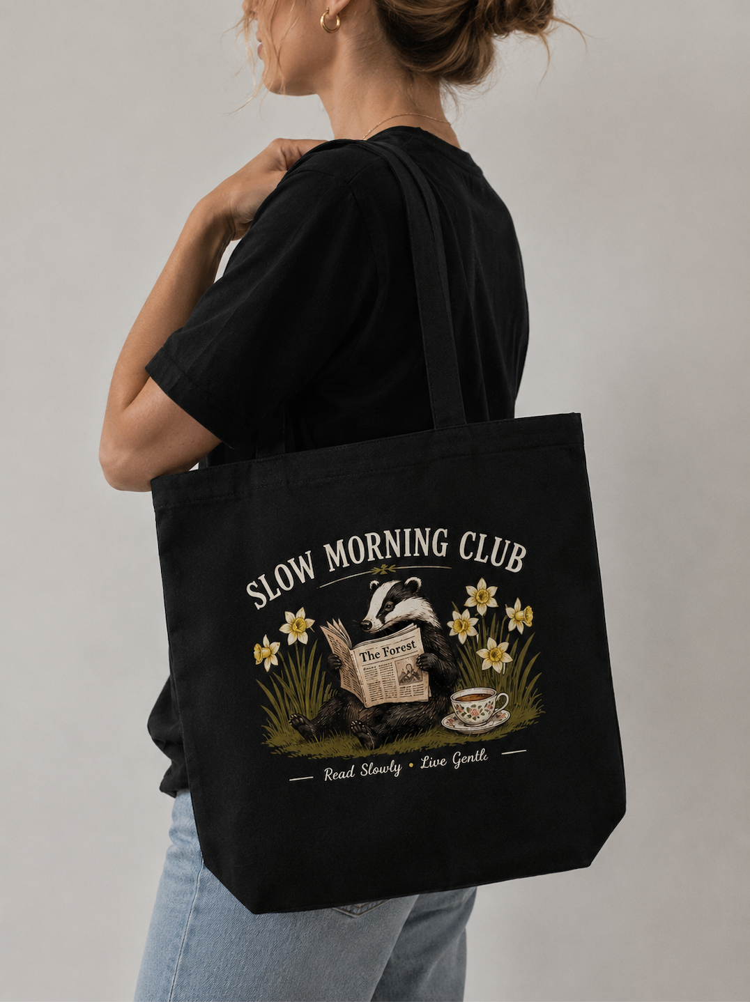 Slow Morning Club Badger Canvas Tote Bag | Cottagecore Book Lover Tote