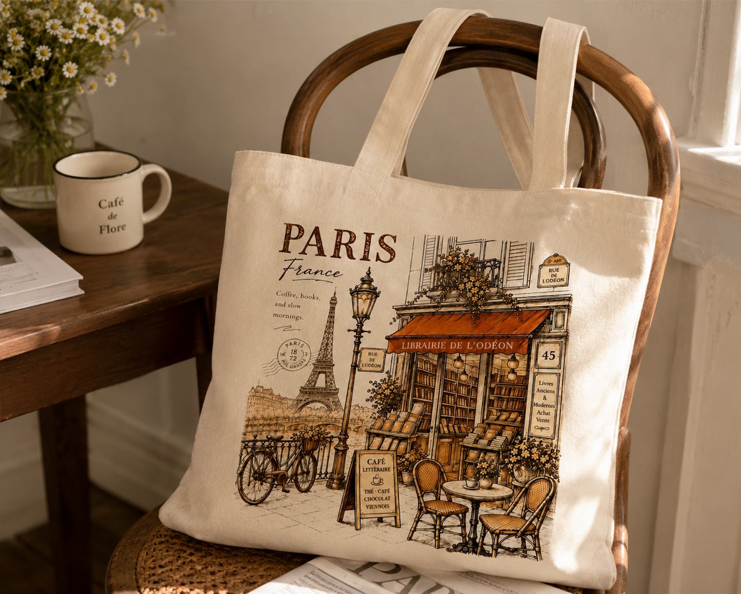 Paris Canvas Tote Bag – Vintage French Bookstore & Café Graphic Cotton Tote | Paris Travel Gift for Book Lovers