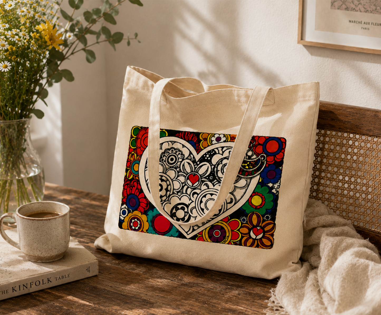 Colorful Heart Canvas Tote Bag – Floral Folk Art Cotton Tote | Boho Love Graphic Reusable Shopping Bag