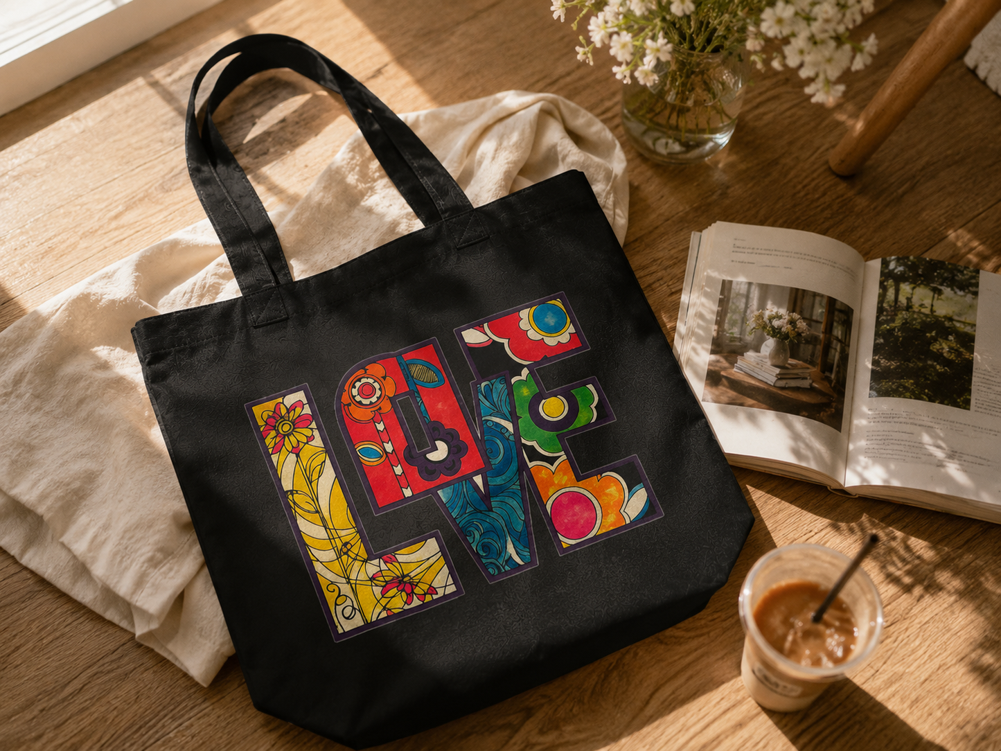 LOVE Canvas Tote Bag | Colorful Floral Graphic Tote | Boho Cotton Market Bag
