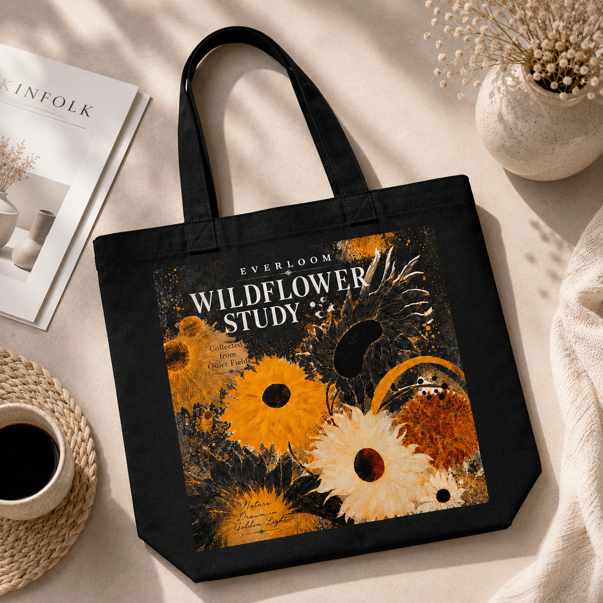 Wildflower Study Black Cotton Tote Bag – Botanical Floral Art Shoulder Bag