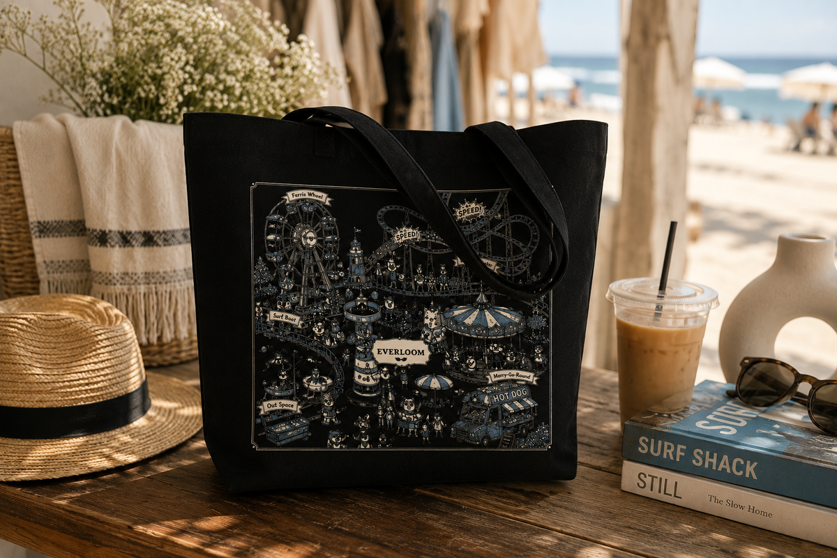 Vintage Amusement Park Canvas Tote Bag – Hand Drawn Carnival Illustration