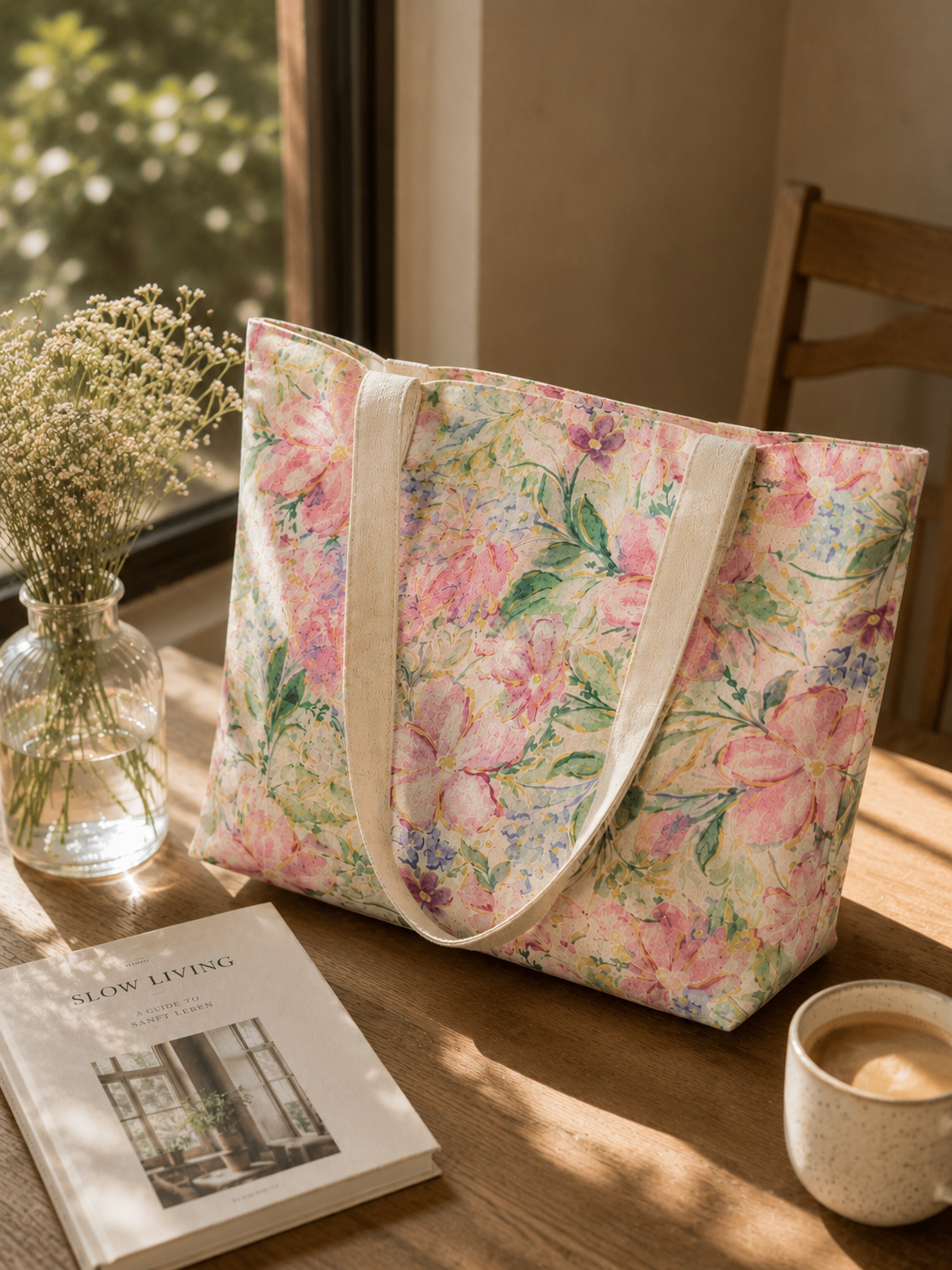 Pink Floral Cotton Tote Bag – Cottage Garden Everyday Carryall