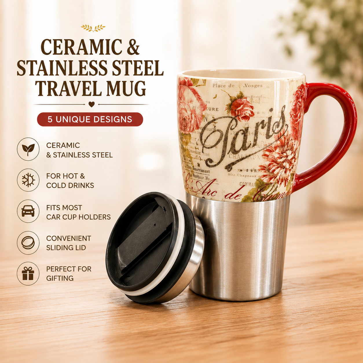 Paris Vintage Floral Ceramic & Stainless Steel Travel Mug with Lid