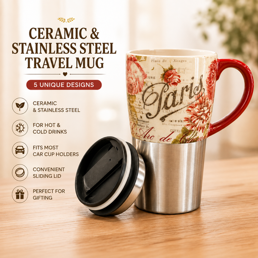 Paris Vintage Floral Ceramic & Stainless Steel Travel Mug with Lid