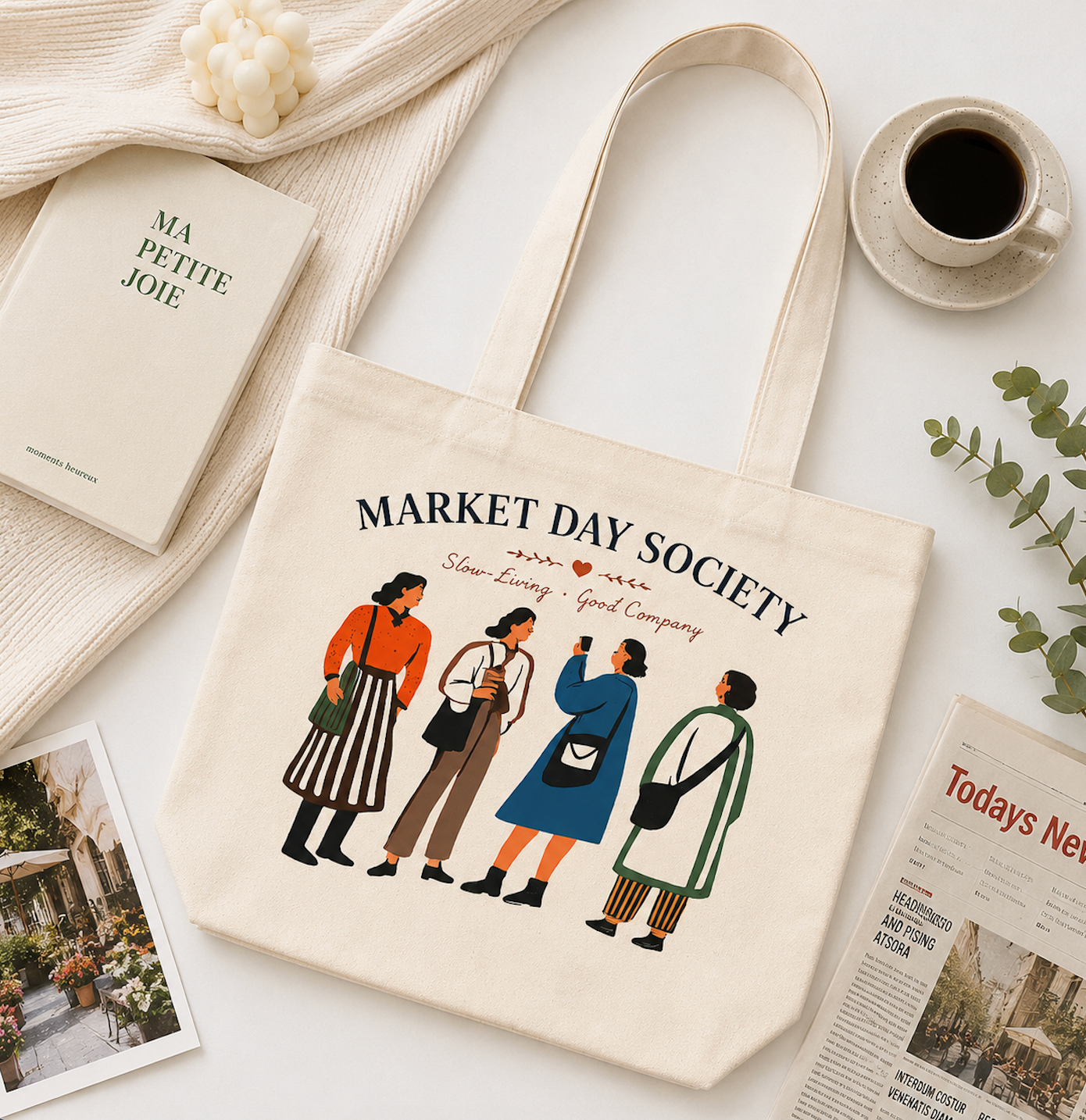 Market Day Society Canvas Tote Bag | Farmers Market Tote | Reusable Cotton Grocery Bag | Slow Living Everyday Tote Gift