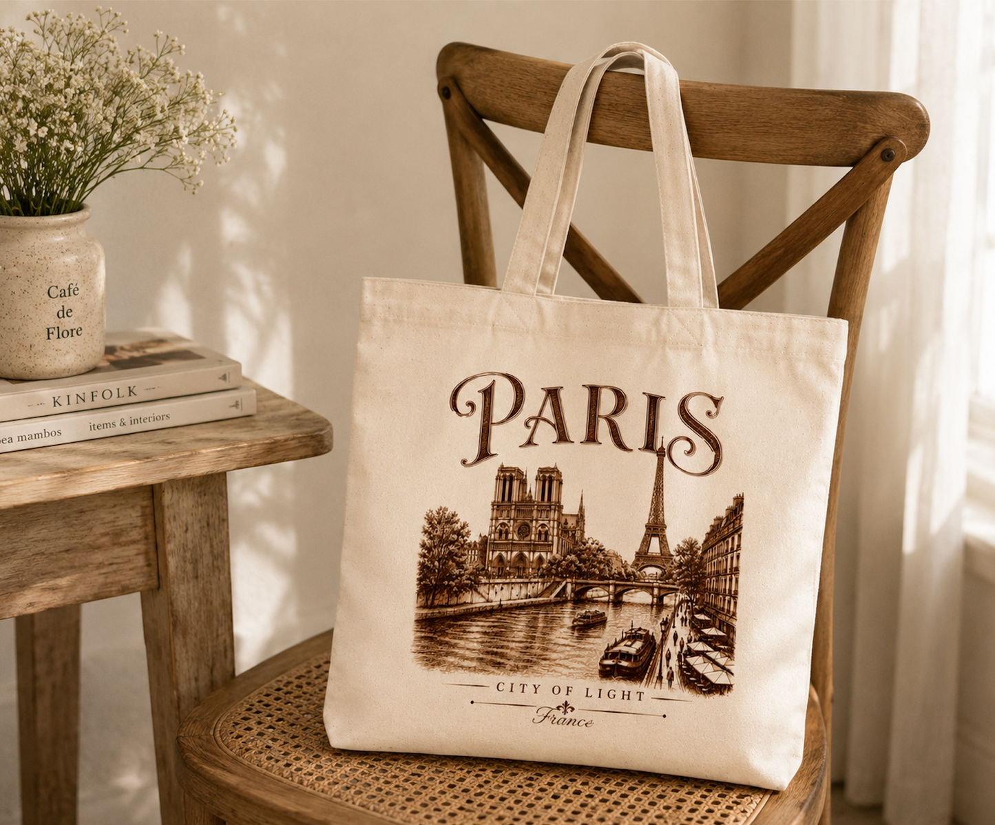 Paris Canvas Tote Bag – Vintage Paris City of Light Graphic Cotton Tote | Eiffel Tower & Notre-Dame Travel Bag