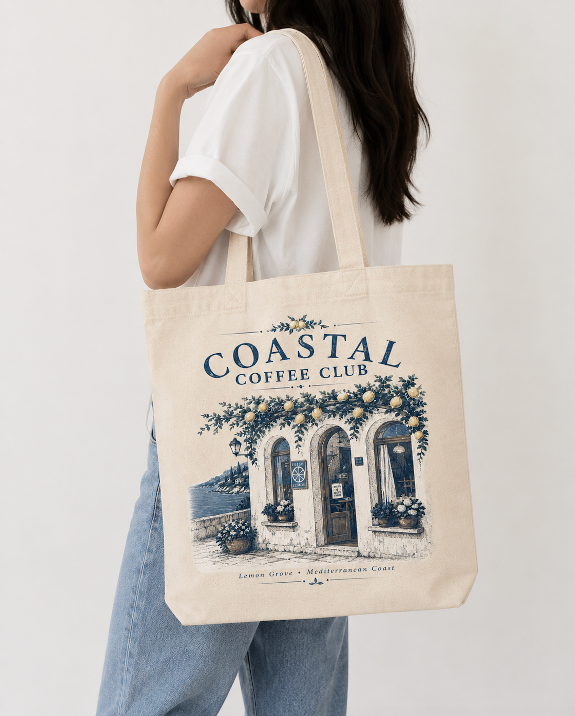Coastal Coffee Club Canvas Tote Bag | Mediterranean Cafe Cotton Tote | Lemon Grove Market Bag | Reusable Everyday Shoulder Bag