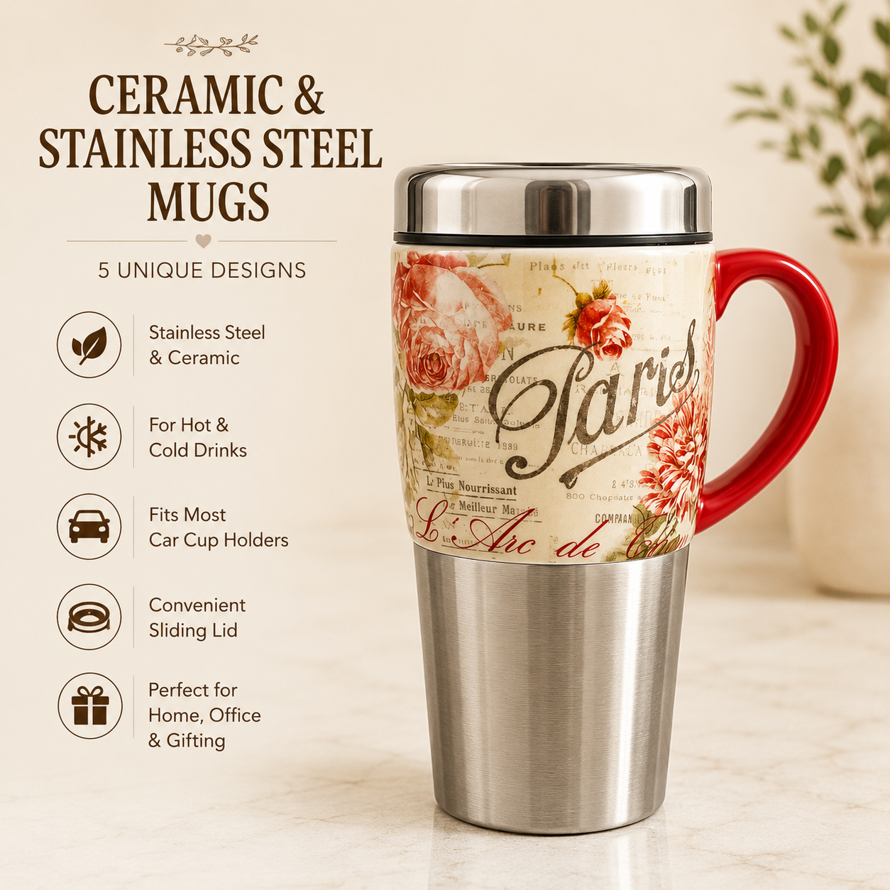 Paris Vintage Floral Ceramic & Stainless Steel Travel Mug with Lid
