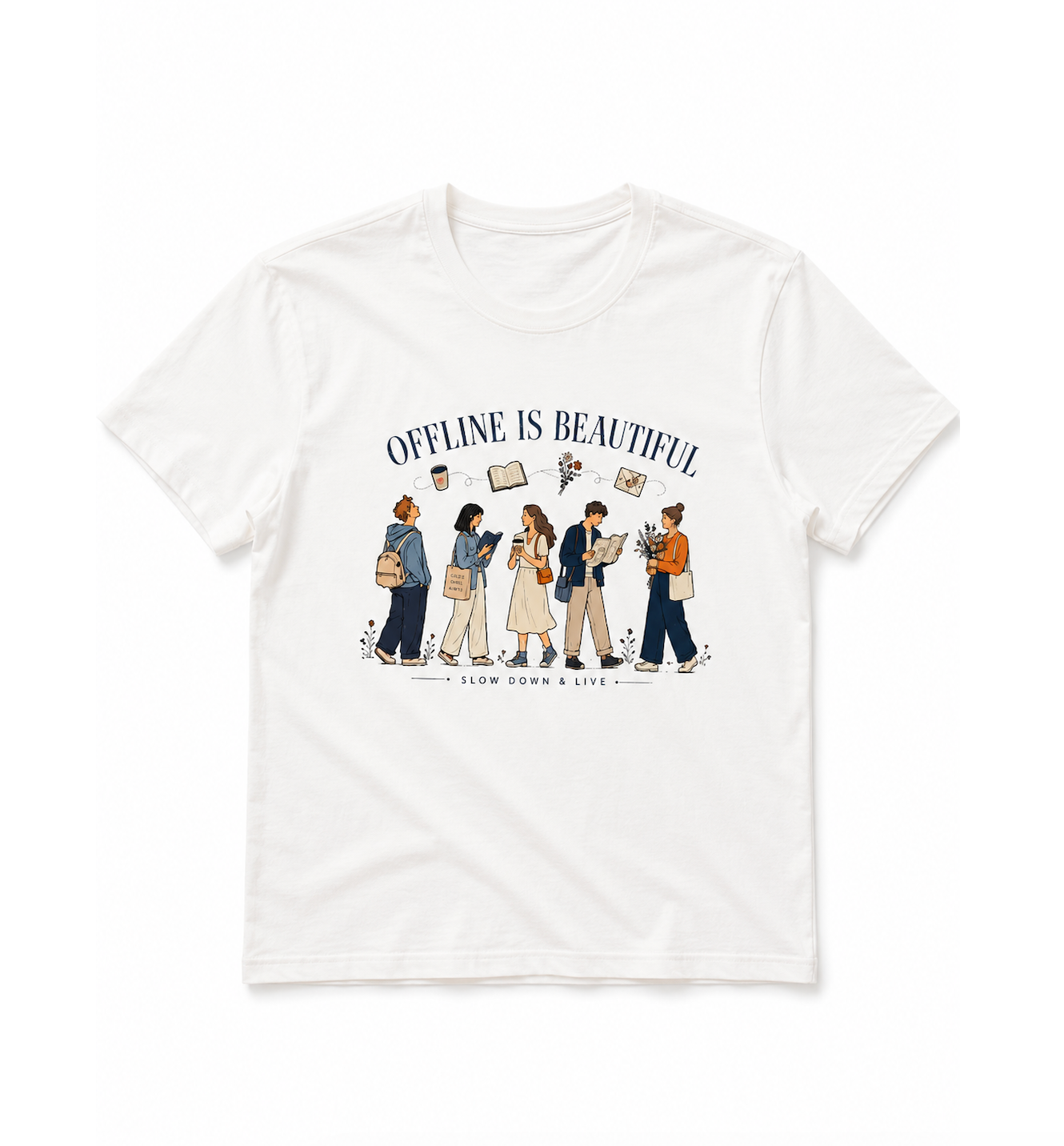Offline Is Beautiful Graphic T-Shirt | Slow Living Book Lover Tee | Cozy Coffee Reading Unisex Shirt | Digital Detox Gift