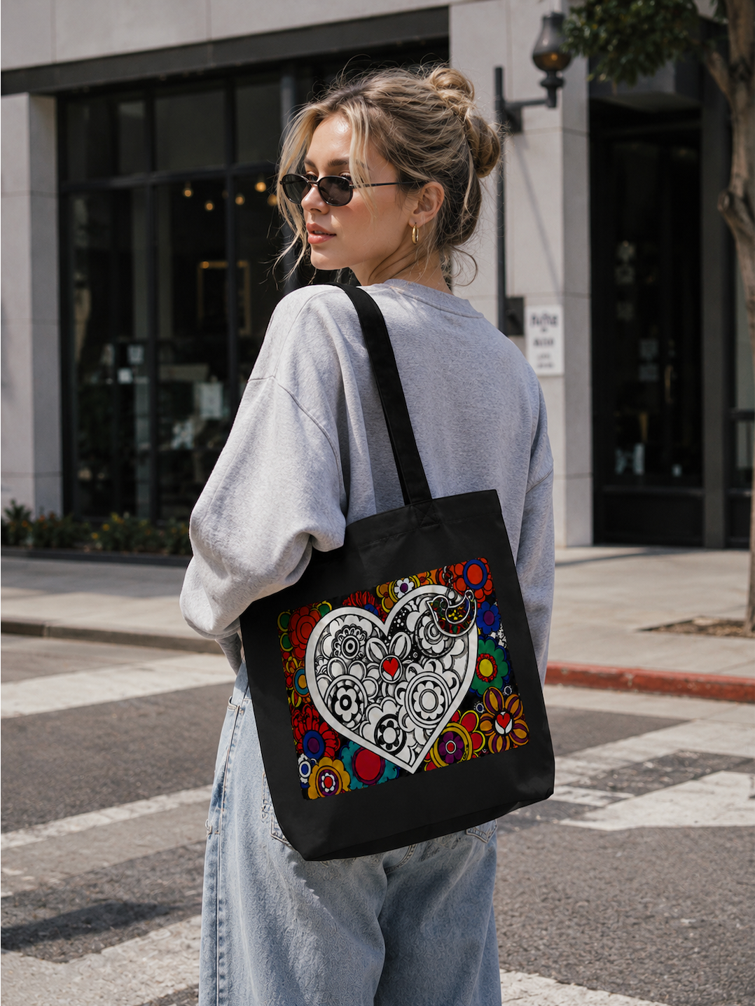 Colorful Heart Canvas Tote Bag – Floral Folk Art Cotton Tote | Boho Love Graphic Reusable Shopping Bag