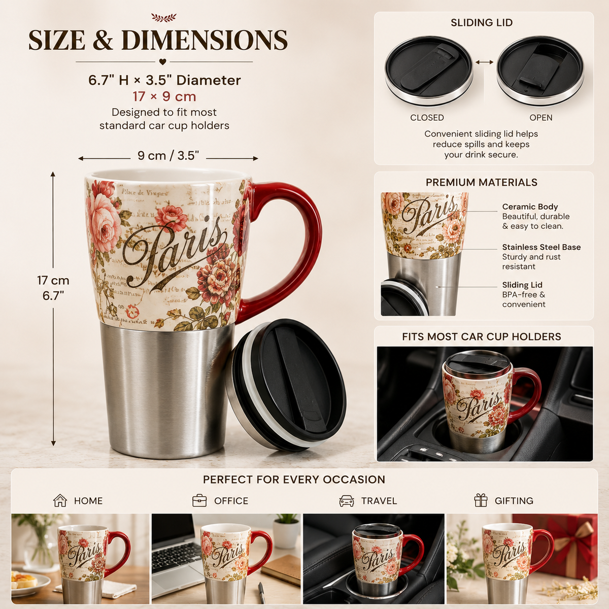 Paris Vintage Floral Ceramic & Stainless Steel Travel Mug with Lid