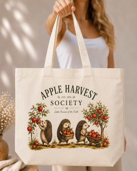 Apple Harvest Society Tote Bag | Hedgehog Orchard Market | Cottagecore Cotton Shoulder Bag