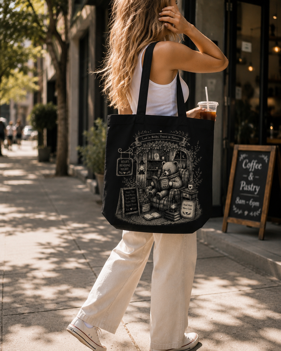 Lost in Books Found in Nature Canvas Tote Bag | Cozy Reading Bear Tote | Book Lover Gift