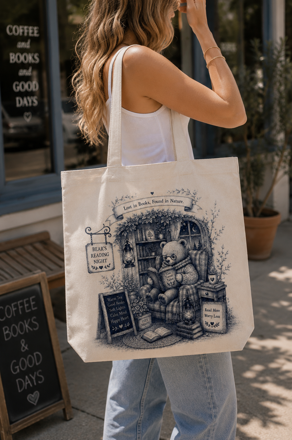 Lost in Books Found in Nature Canvas Tote Bag | Cozy Reading Bear Tote | Book Lover Gift