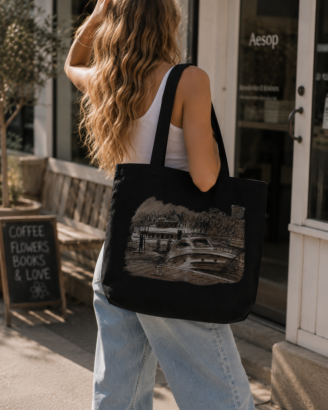 Luxury Yacht Canvas Tote Bag | Coastal Harbor Sketch Tote | Nautical Beach Market Bag