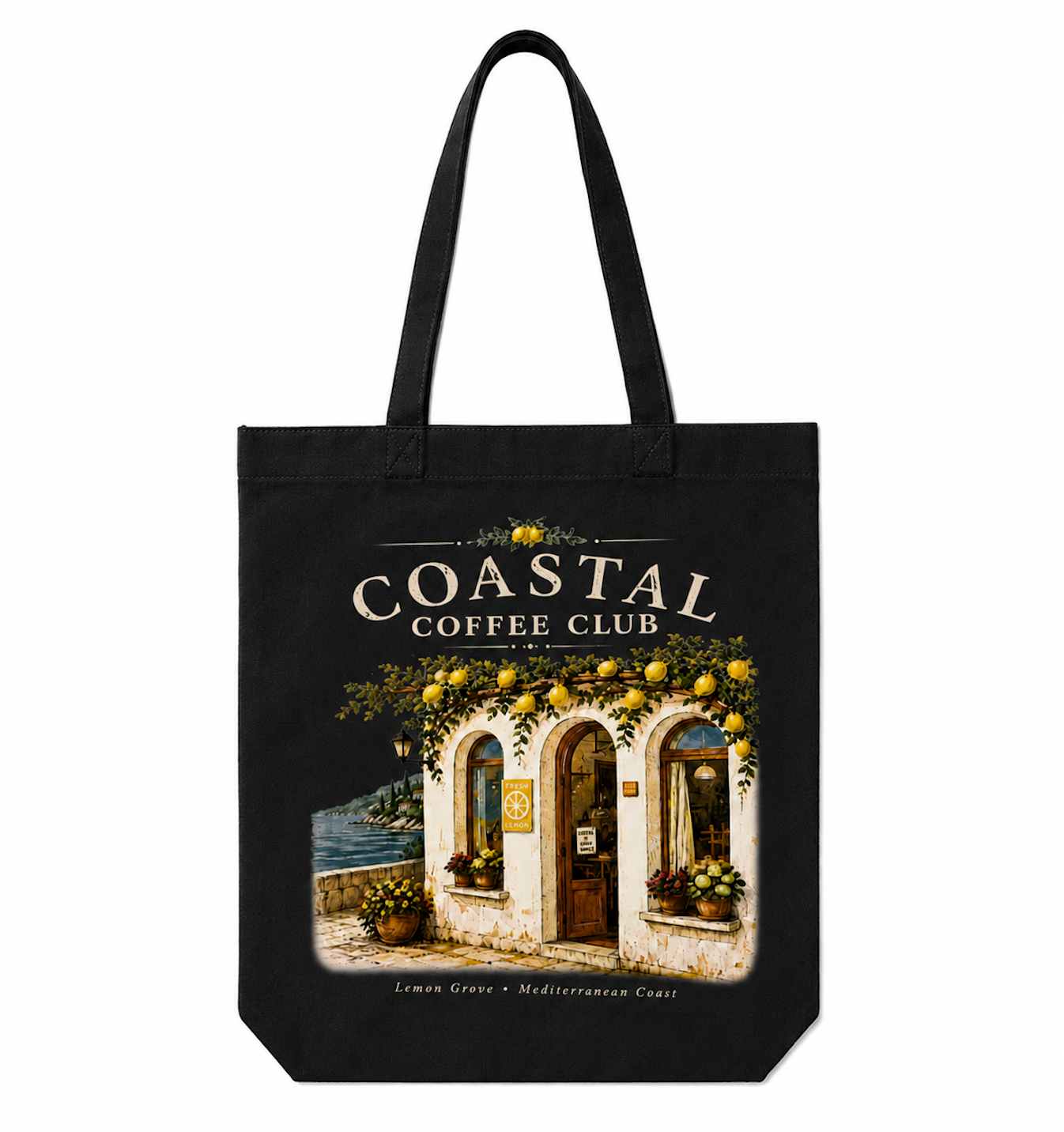 Coastal Coffee Club Canvas Tote Bag | Mediterranean Cafe Cotton Tote | Lemon Grove Market Bag | Reusable Everyday Shoulder Bag
