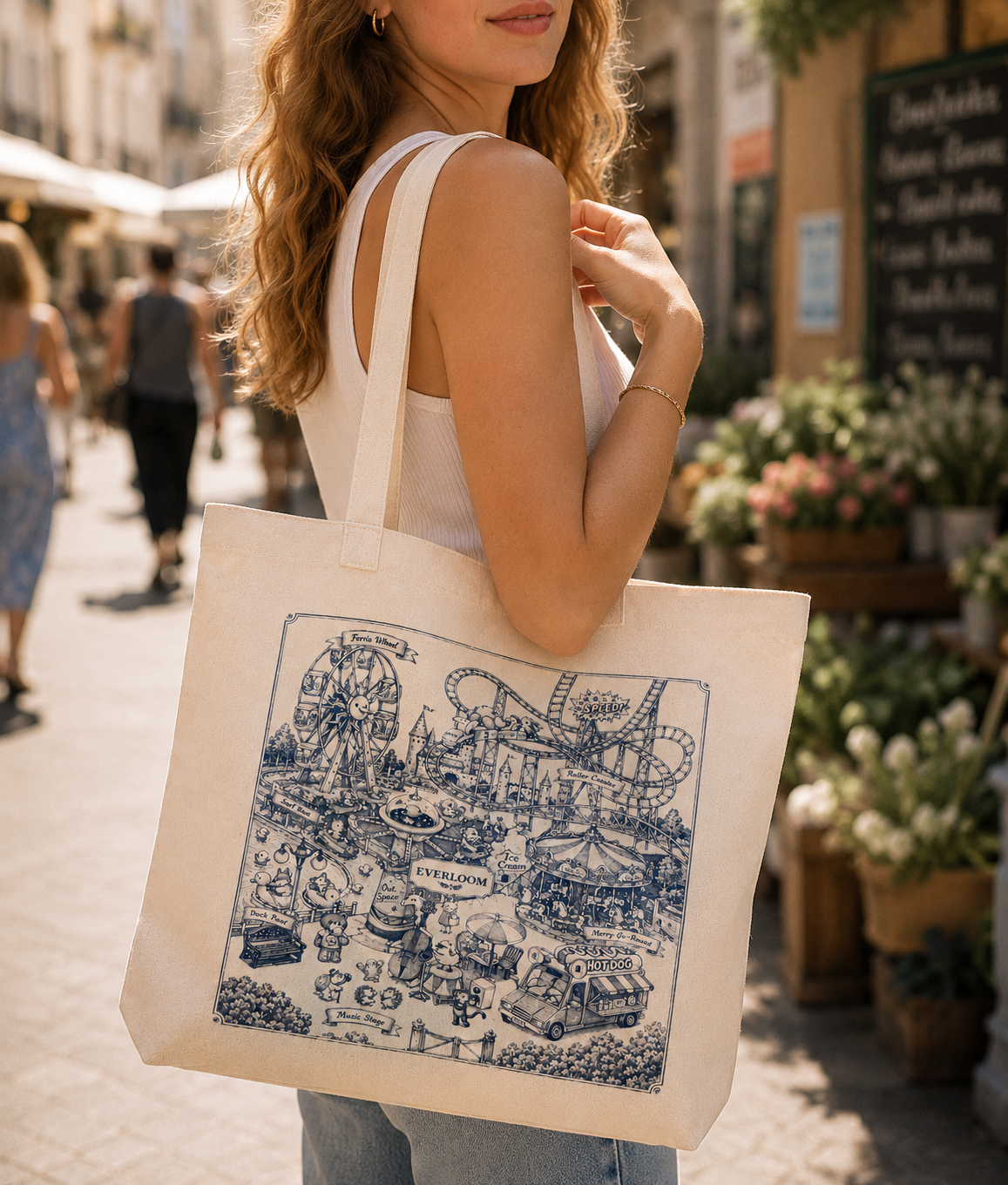 Vintage Amusement Park Canvas Tote Bag – Hand Drawn Carnival Illustration