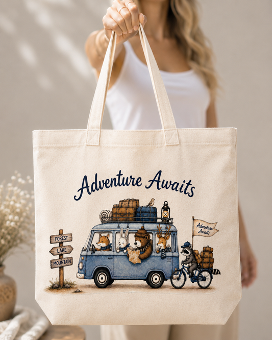 Woodland Animal Canvas Tote Bag | Adventure Awaits Camping Tote | Nature Lover Gift
