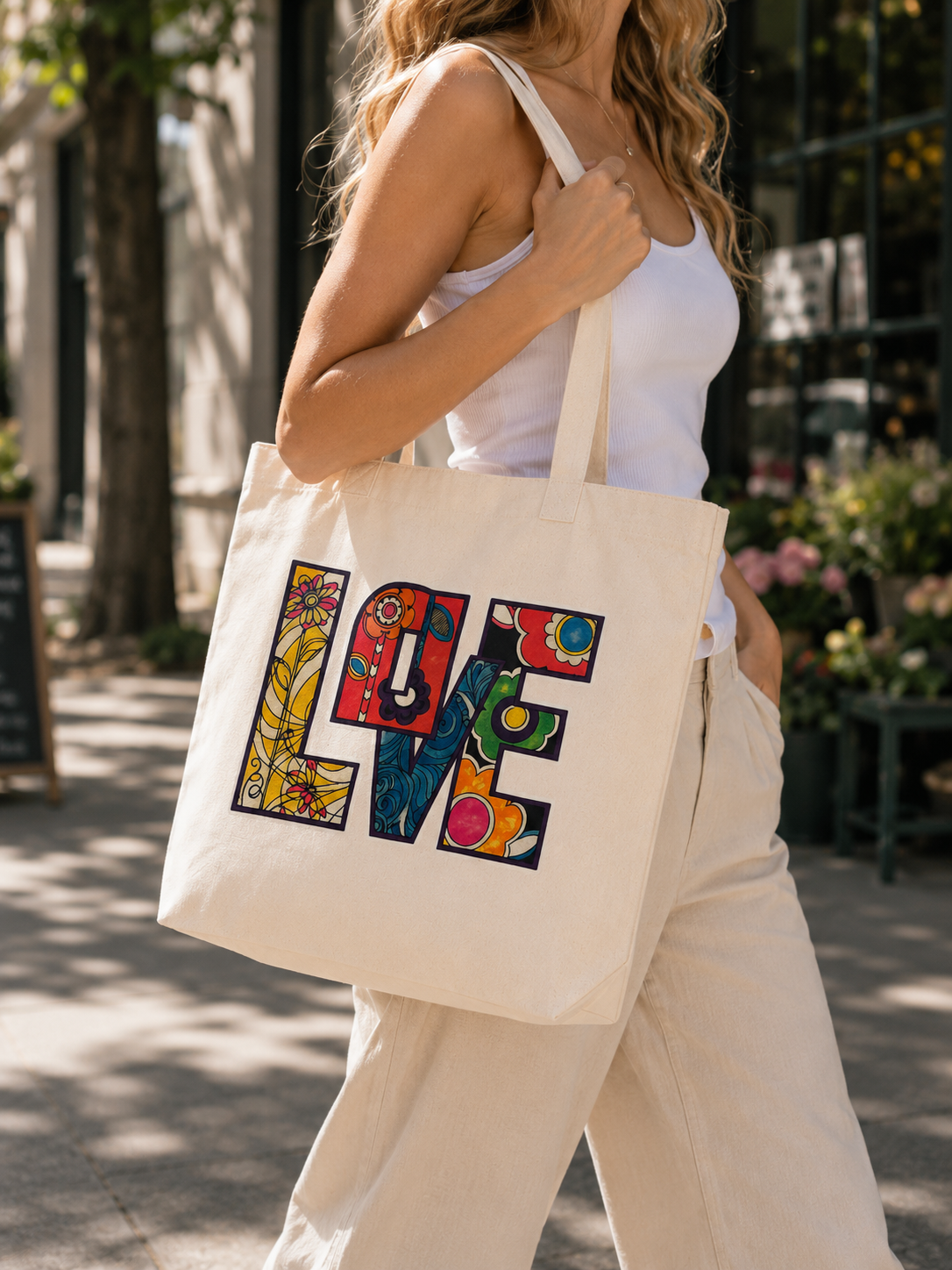 LOVE Canvas Tote Bag | Colorful Floral Graphic Tote | Boho Cotton Market Bag
