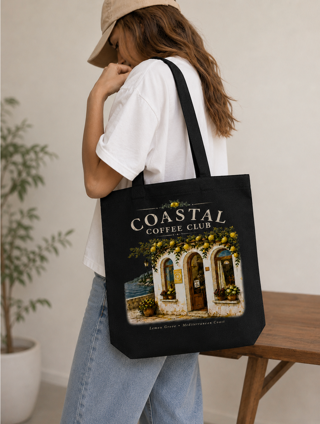 Coastal Coffee Club Canvas Tote Bag | Mediterranean Cafe Cotton Tote | Lemon Grove Market Bag | Reusable Everyday Shoulder Bag