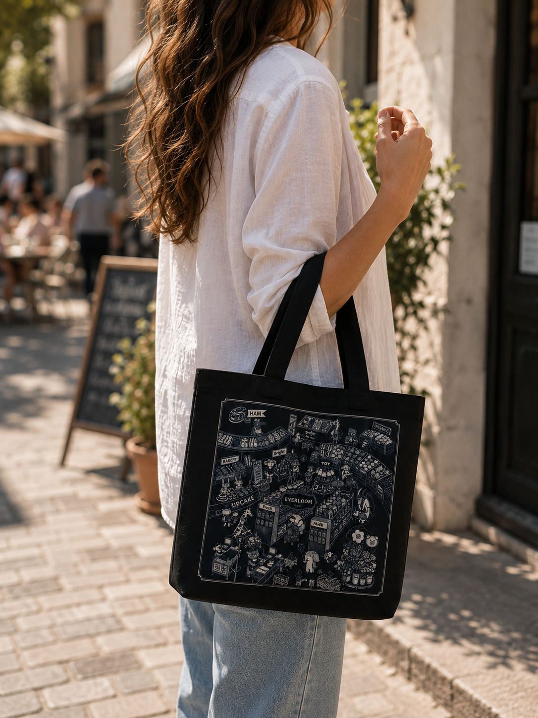 Whimsical Grocery Market Canvas Tote Bag – Hand Drawn Store Illustration