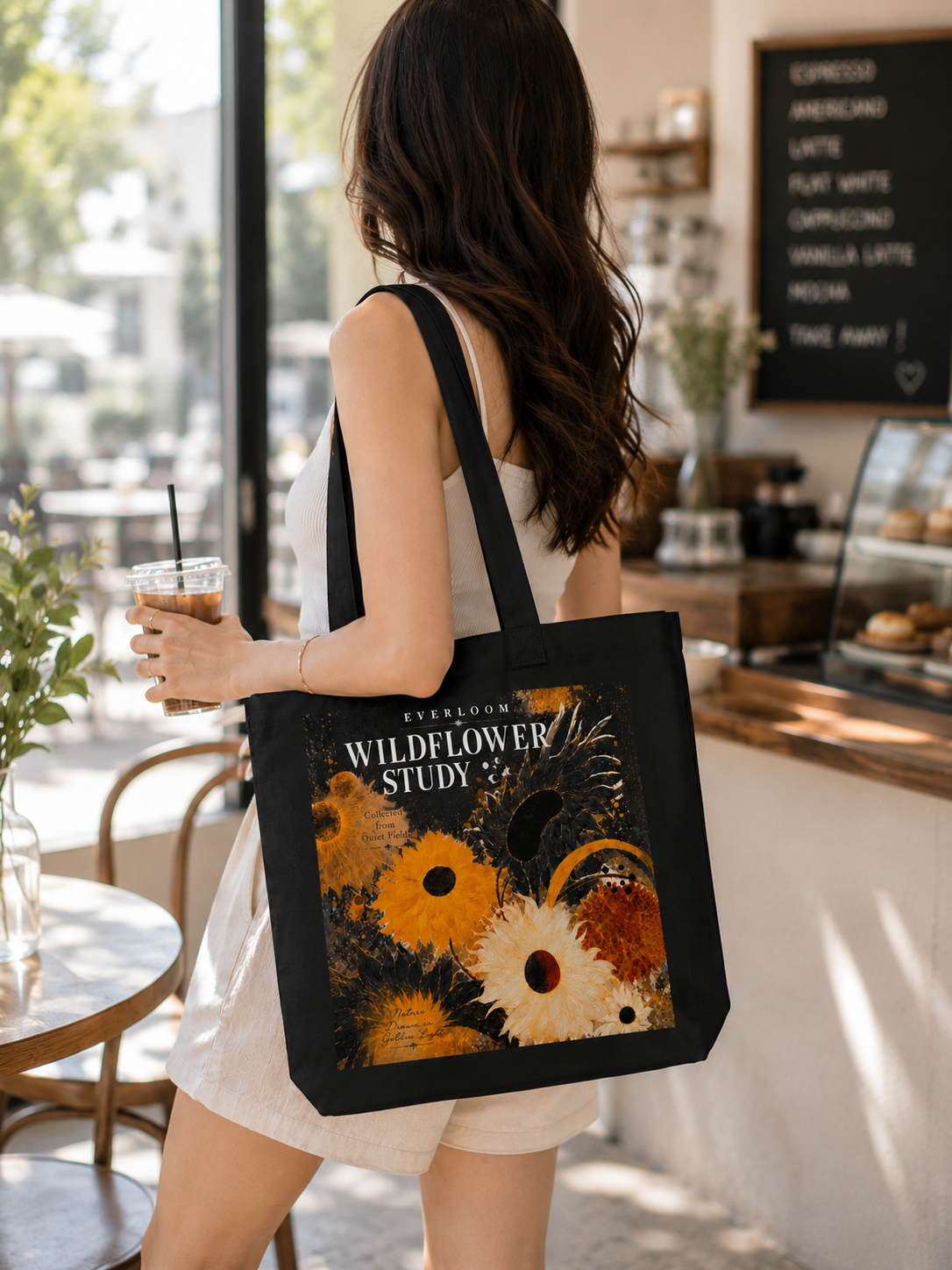 Wildflower Study Black Cotton Tote Bag – Botanical Floral Art Shoulder Bag