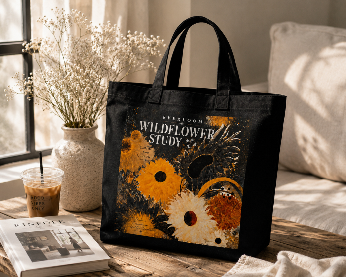 Wildflower Study Black Cotton Tote Bag – Botanical Floral Art Shoulder Bag