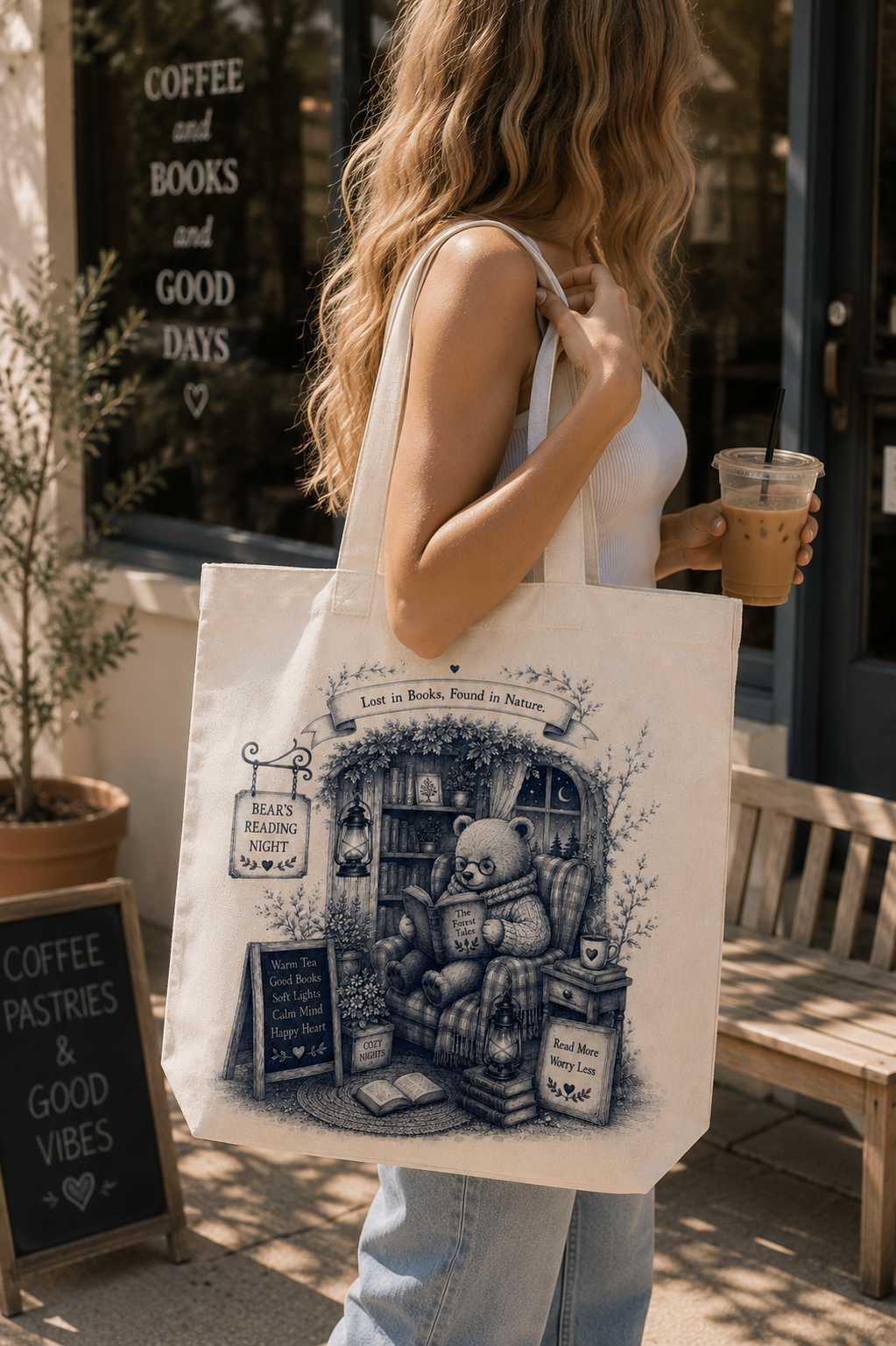 Lost in Books Found in Nature Canvas Tote Bag | Cozy Reading Bear Tote | Book Lover Gift