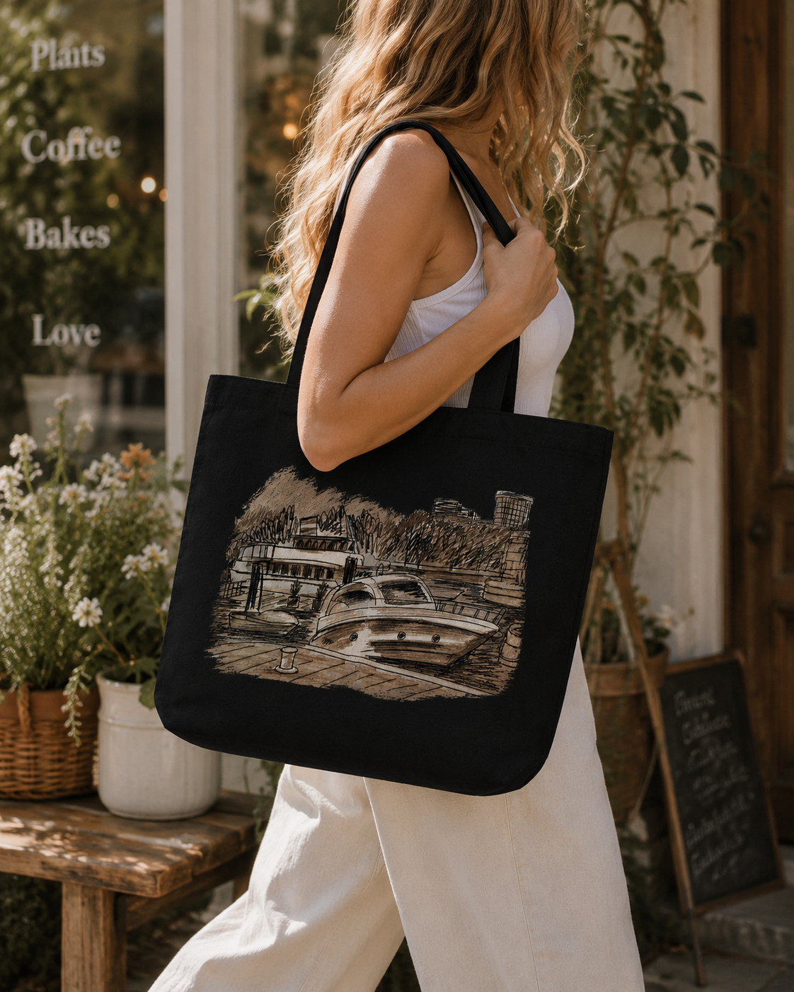 Luxury Yacht Canvas Tote Bag | Coastal Harbor Sketch Tote | Nautical Beach Market Bag