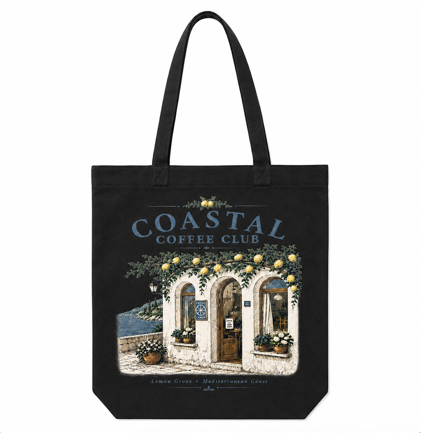 Coastal Coffee Club Canvas Tote Bag | Mediterranean Cafe Cotton Tote | Lemon Grove Market Bag | Reusable Everyday Shoulder Bag