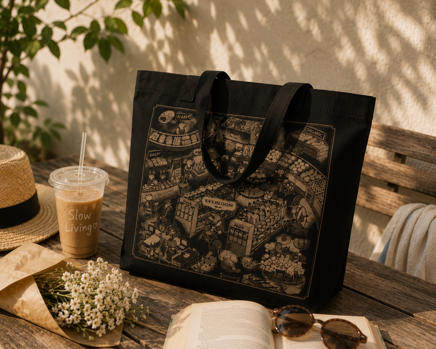 Vintage Grocery Market Canvas Tote Bag – Whimsical Storybook Illustration