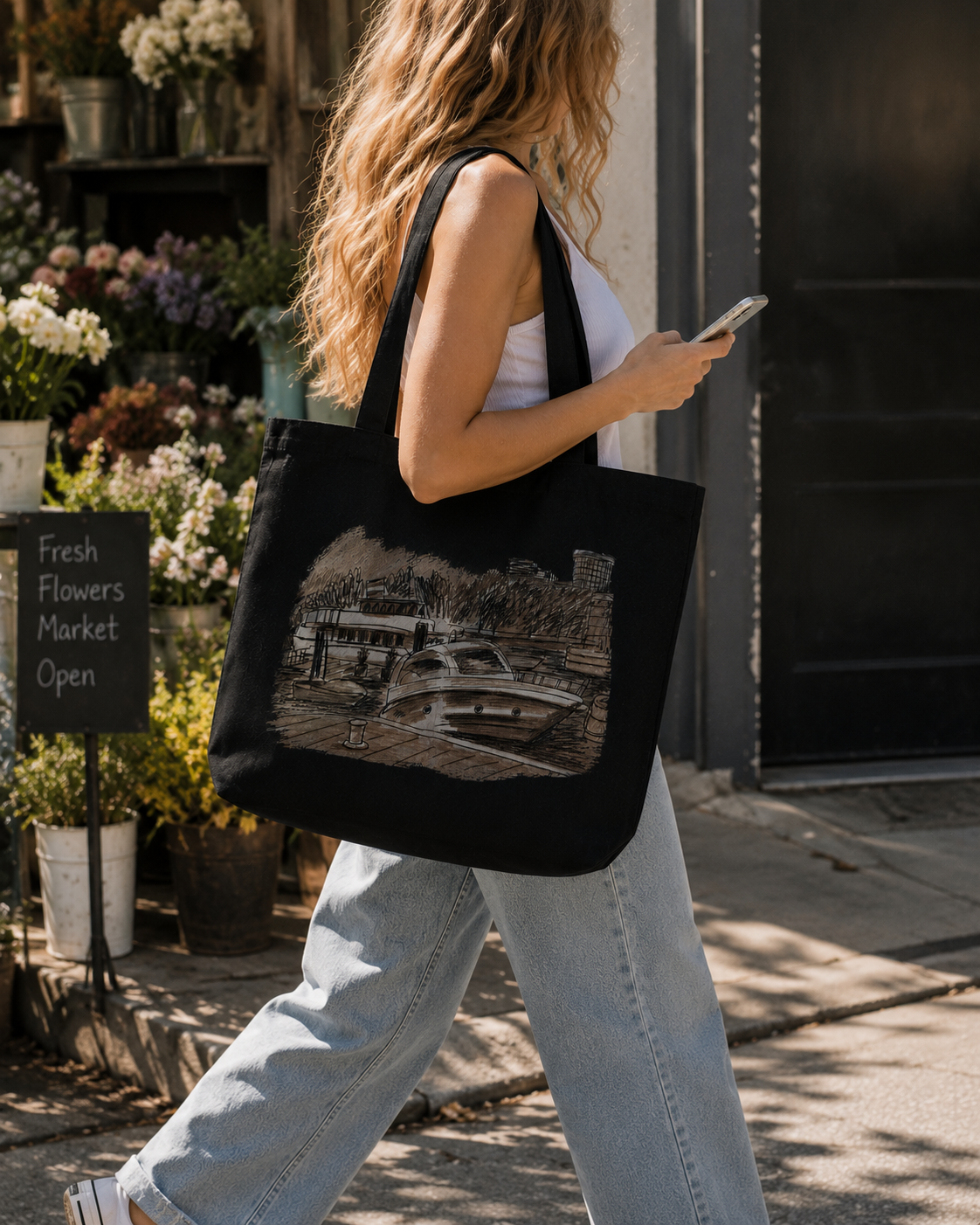 Luxury Yacht Canvas Tote Bag | Coastal Harbor Sketch Tote | Nautical Beach Market Bag