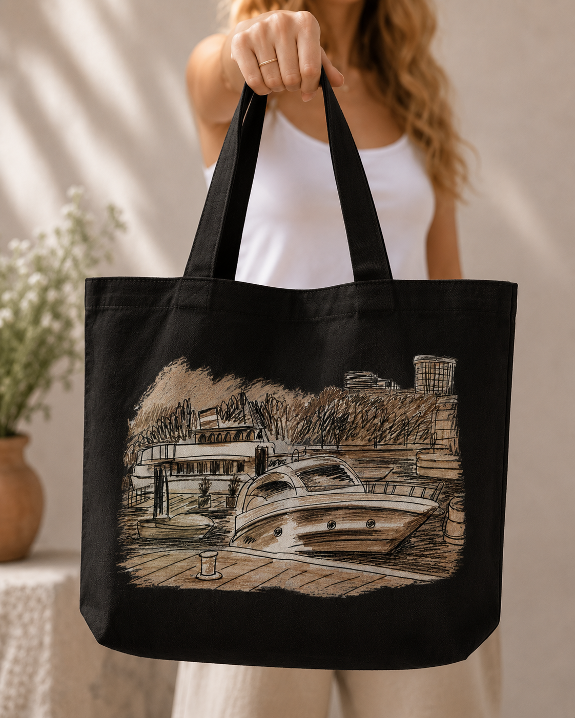 Luxury Yacht Canvas Tote Bag | Coastal Harbor Sketch Tote | Nautical Beach Market Bag