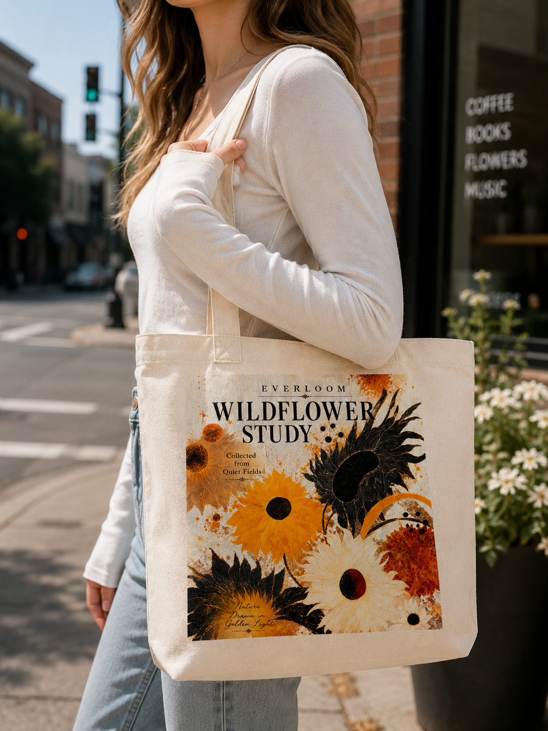 Wildflower Study Black Cotton Tote Bag – Botanical Floral Art Shoulder Bag