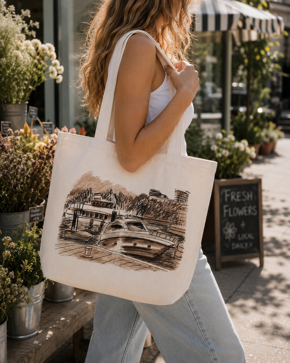 Luxury Yacht Canvas Tote Bag | Coastal Harbor Sketch Tote | Nautical Beach Market Bag