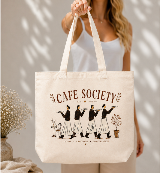Cafe Society Canvas Tote | Vintage Coffee Lover Market Bag, Cotton Reusable Tote