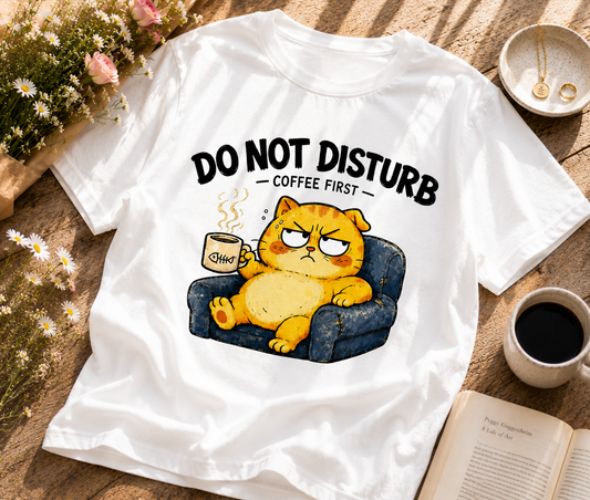 Funny Cat Coffee T-Shirt | Do Not Disturb Coffee First Graphic Tee