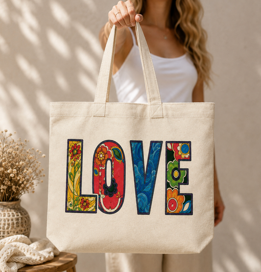 LOVE Floral Art Canvas Tote Bag