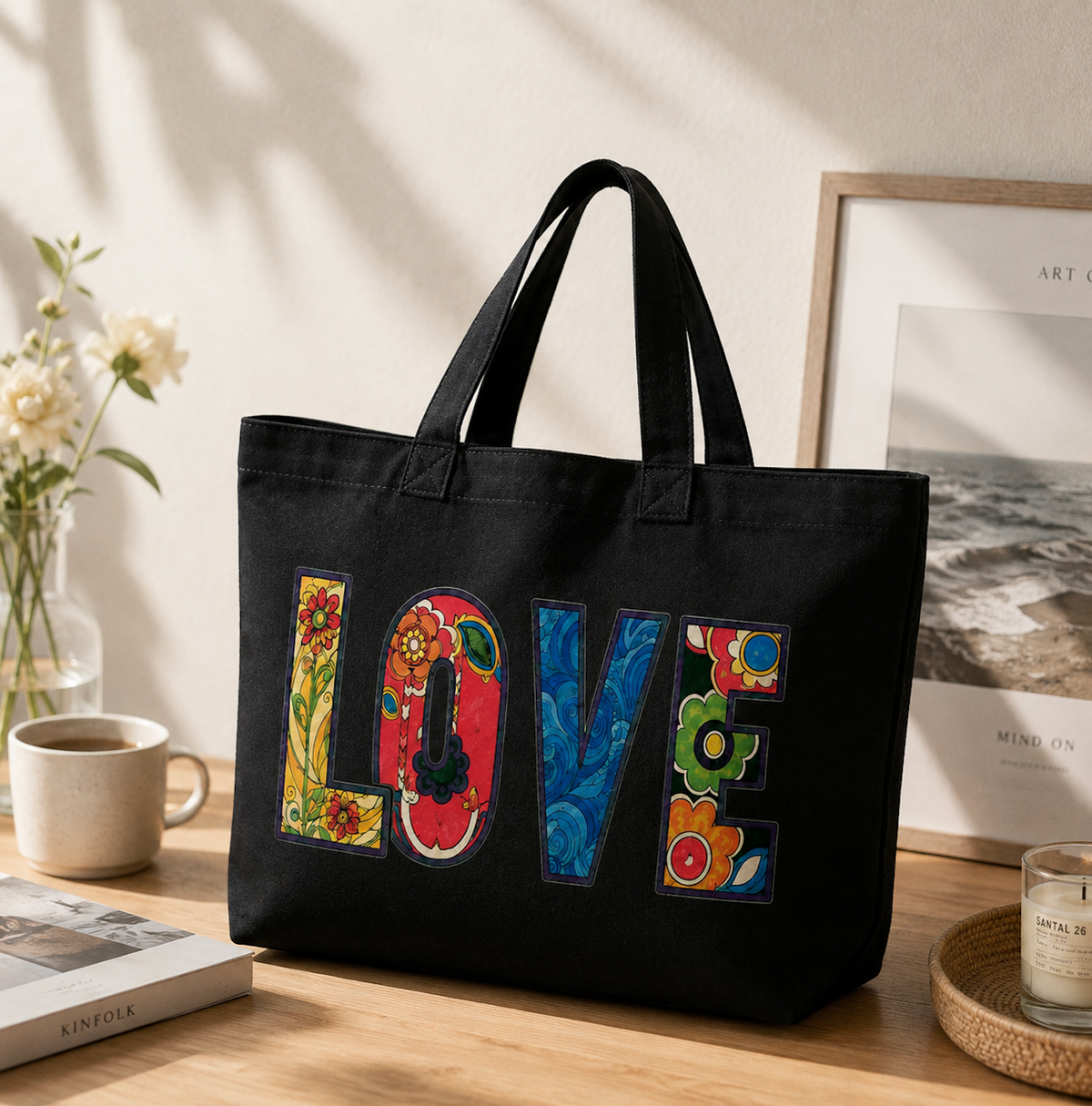 LOVE Floral Art Canvas Tote Bag