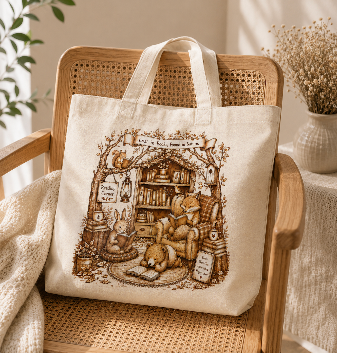 Cozy Reading Corner Animal Tote Bag
