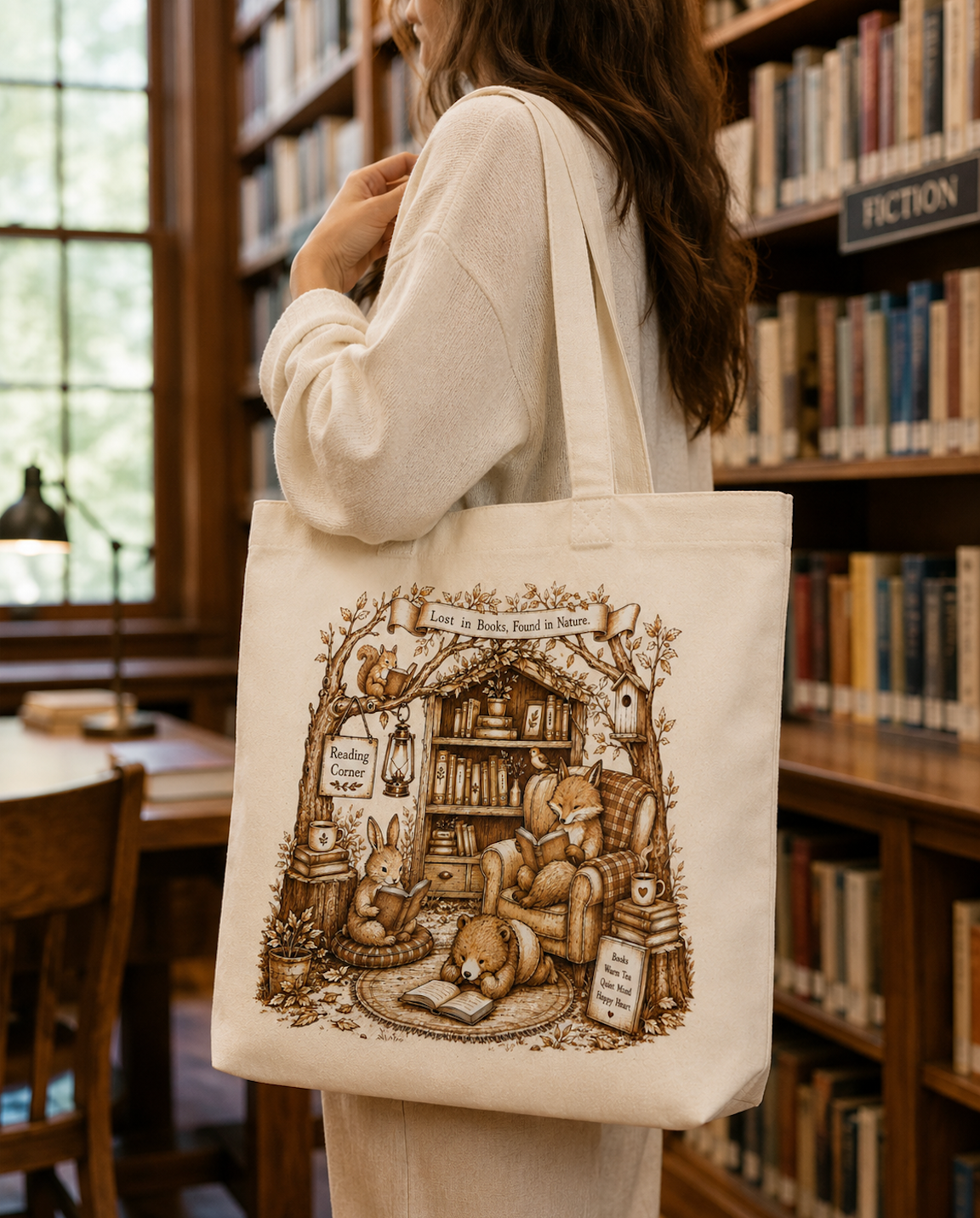 Cozy Reading Corner Animal Tote Bag