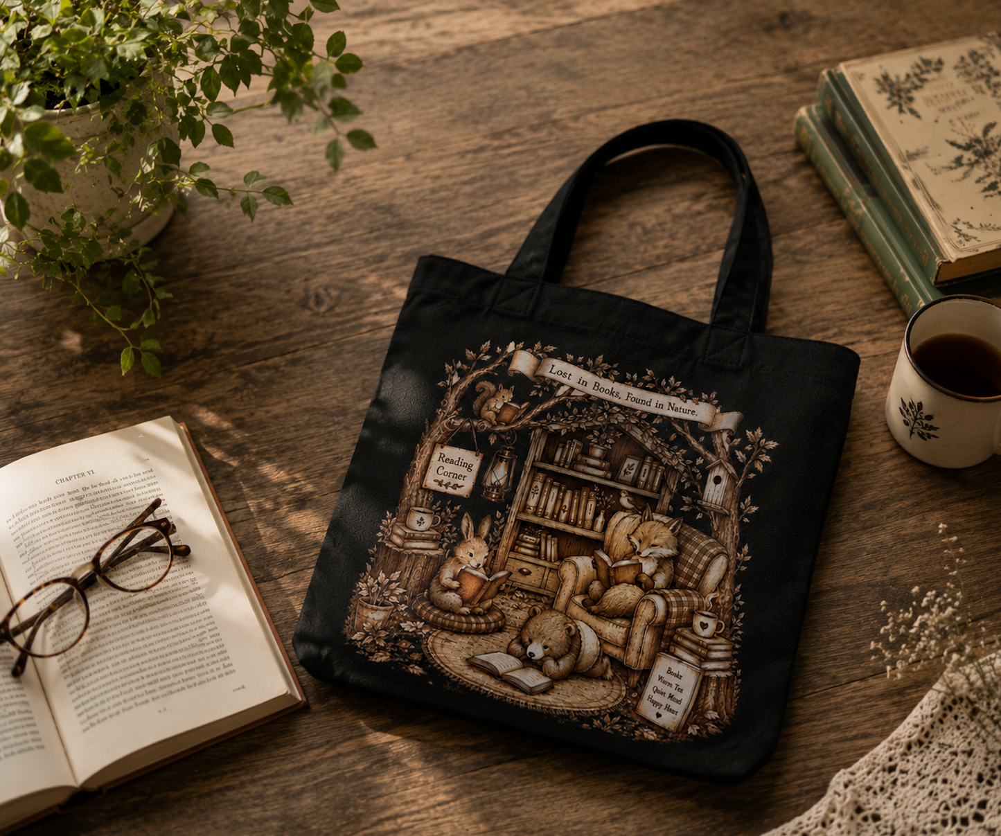 Cozy Reading Corner Animal Tote Bag