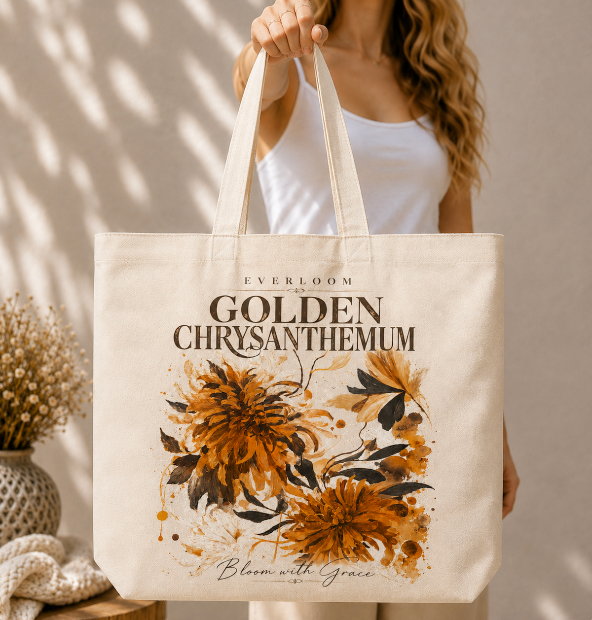 Golden Chrysanthemum Floral Canvas Tote Bag